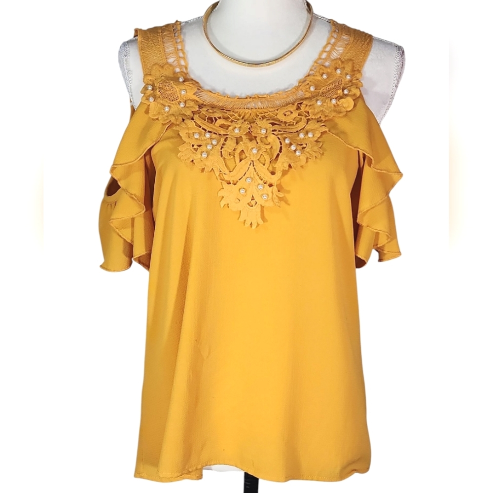 Embroidered Mustard Yellow Women's Cold Shoulder Top.